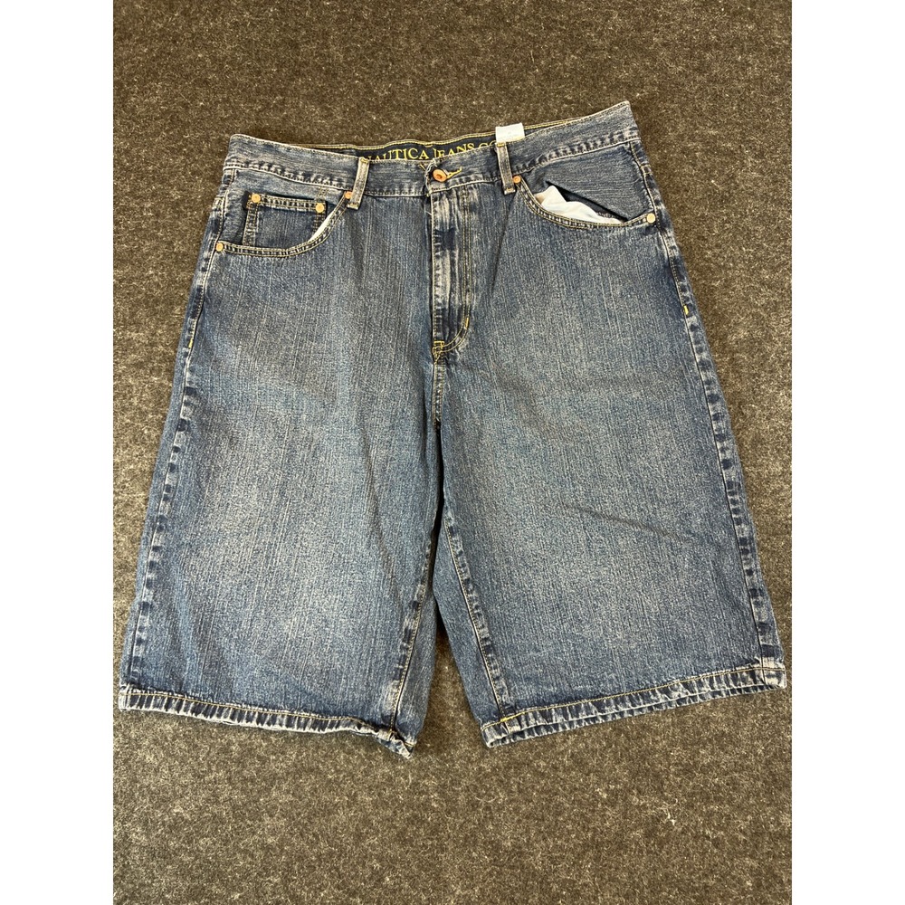 VTG Nautica Mens Loose Fit Jorts Denim Shorts Baggy Y2K Medium Wash Blue Size 36